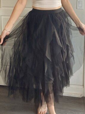 Luxe Black Asymmetrical hem Layered Mesh Midi Skirt